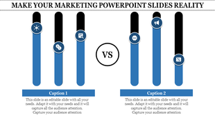 Two-column comparison graphic for marketing with vertical blue, black bars, circular icons, and placeholders text areas.
