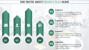 Project timeline with four upward arrows labeled 01 to 04, featuring icons for chart, person, clock, and database.