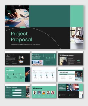 Project proposal PowerPoint template with slides for goals, roadmap, budget, team, and execution.