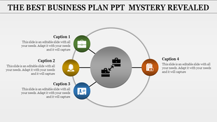 Circular business plan infographic with four colored icons briefcase, person, email, and building around a central hub.