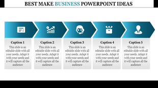 Business slide with five sequential blue arrows featuring icons like analytics, user profile, and toolbox, with caption sections.