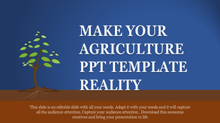 Agriculture-themed slide with a growing tree on the left and a large title on the right, set against a blue background.