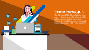 Customer care slide featuring a woman with a headset, surrounded by a laptop and office supplies, on an orange backdrop.