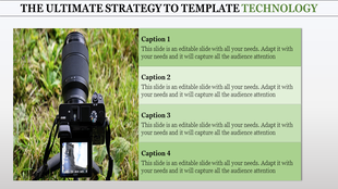 Technology PowerPoint template showcasing a Sony camera with a viewfinder display and captions.