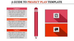 Slide layout featuring three text boxes in red and orange shades on the left and two icon blocks with a central pencil.