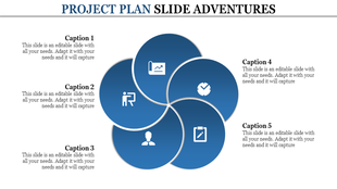 Project plan template featuring five blue circular segments with icons for graphs, tasks, and profiles.