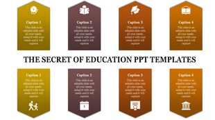 Education themed slide featuring various icons with placeholder text.