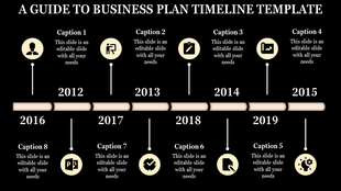 Business plan timeline with years 2012 to 2019, connected by a horizontal bar, featuring icons and captions areas.