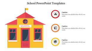 School themed PowerPoint template showing a colorful school building with three icons and captions.