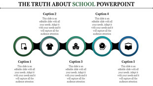 Horizontal infographic with five circular icons connected in a line, featuring school-related symbols.