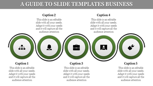 Horizontal business slide with five circular green icons and placeholder text for captions areas 1 to 5.