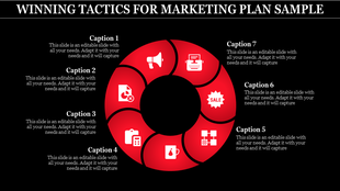 Circular red infographic with seven sections, each containing marketing related icons and captions, on a black background.