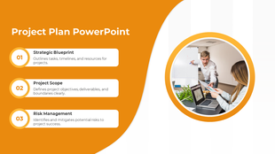Orange and white themed slide with three numbered text sections and a circular image of team discussion on the right.
