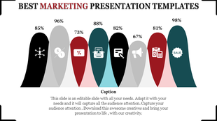Infographic featuring eight curved bars in black, gray, red, and teal, labeled with percentages and icons.