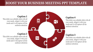 Business meeting PowerPoint template featuring a circular design with four sections, each containing icons with captions.