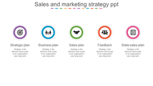Five circular icons in purple, blue, green, orange, and pink, each with a sales strategy and a brief description underneath.
