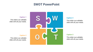 Colorful puzzle pieces with letters S, W, O, and T representing SWOT analysis on a PowerPoint slide.