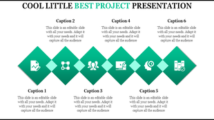 PowerPoint slide with diamond shaped icons representing different project elements with captions.