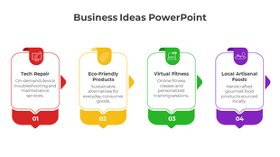 Four business idea cards with icons for repair, eco-products, fitness, and food, in red, yellow, green, and purple.