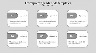 Monochrome agenda slide with six rounded rectangles labeled Agenda 1 to 6, each with a gray number badge on top left.