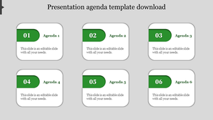 Agenda layout with six rounded rectangles labeled 01 to 06, each featuring a green header and white body for content.