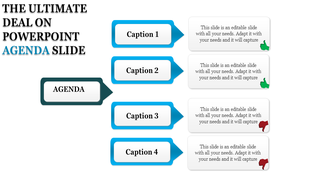 Agenda slide with four blue caption boxes, connected to text areas with green thumbs up and red thumbs down icons.