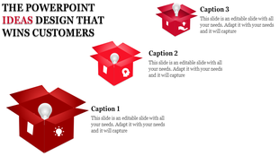 Three red boxes ideas design with glowing light bulbs and white icons, arranged in a triangular layout with captions.