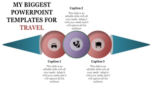 Travel themed slide with three circular icons captions on a white background, connected by blue triangular shapes.