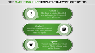 Marketing plan template with three green banners stacked vertically, each containing white circular icons and caption areas.