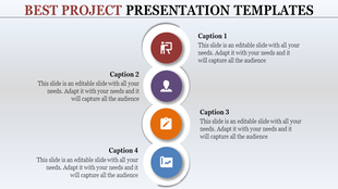 PowerPoint slide featuring four icons representing different aspects of project presentation, with space for captions.