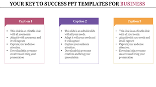 Three vertical rectangular boxes for business in red, purple, and orange with headings, bullet lists, and placeholder text.