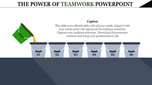 Teamwork concept showing a green bucket pouring liquid into the first of six labeled buckets, numbered 01 to 06.