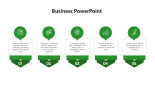 Business PowerPoint slide displaying five phases Business, Process, Target, Growth, and Success with placeholder text.