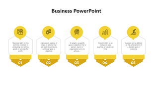 Horizontal business process flow with five yellow steps, each showing icons for work, process, target, growth, and success.