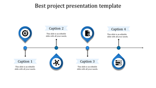 Blue themed slide with four teardrop shaped icons connected by a horizontal line, designed for step by step presentations.
