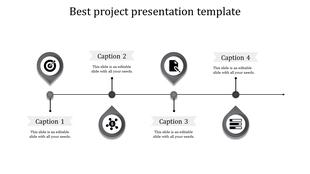Minimalistic slide featuring four gray markers and captions aligned along a horizontal arrow layout.