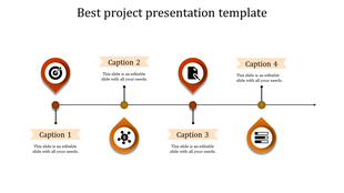Project presentation template featuring icons for target, document, money, and data with placeholder text.