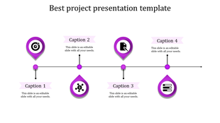 Project presentation template with purple icons for goal setting, documentation, finance, and data management.