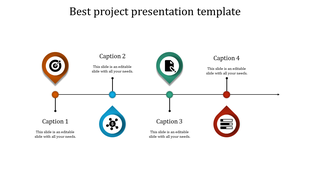 Professional project presentation template with four icons representing target, document, money, and data with captions.