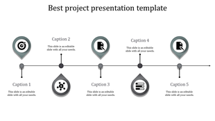 Linear project timeline featuring five gray drop-shaped markers with icons and caption areas for various steps.