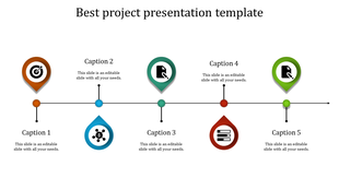 Project timeline slide with multicolored markers for goal setting, documentation, finance, and data management with captions.
