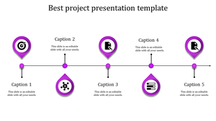 Purple themed project layout with five teardrop shaped markers, on a horizontal line showing steps and icons.