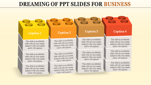 Four colorful 3D building blocks stacked vertically in yellow, orange, brown, and red, each labeled with captions.