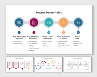 Slide deck showing project timeline with colorful circles, squares, and curved layouts, featuring icons and text.