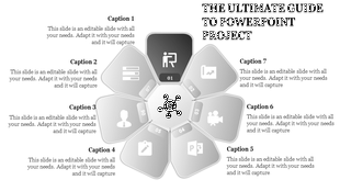 Seven step project diagram with a central dollar icon and surrounding segments labeled with icons and captions areas.