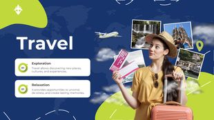 Travel themed slide with a woman holding tickets and luggage, surrounded by image of landmarks, waterfalls, and scenic views.