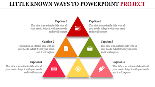 PowerPoint slide featuring a pyramid with six colorful sections representing various project topics with captions.