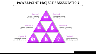 Project PPT template with a pyramid shape featuring six sections, each with icons and captions.