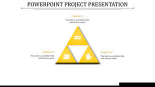 Bright yellow triangle graphic with icons representing projector, graph, and video, surrounded by captions areas.