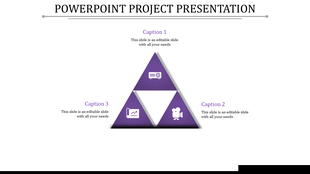 Purple triangular layout with three sections featuring icons and captions, on a white background with a gray line.